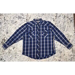 NWOT Wrangler Premium Performance Advanced Comfort (L) Blue Plaid Cowboy Shirt